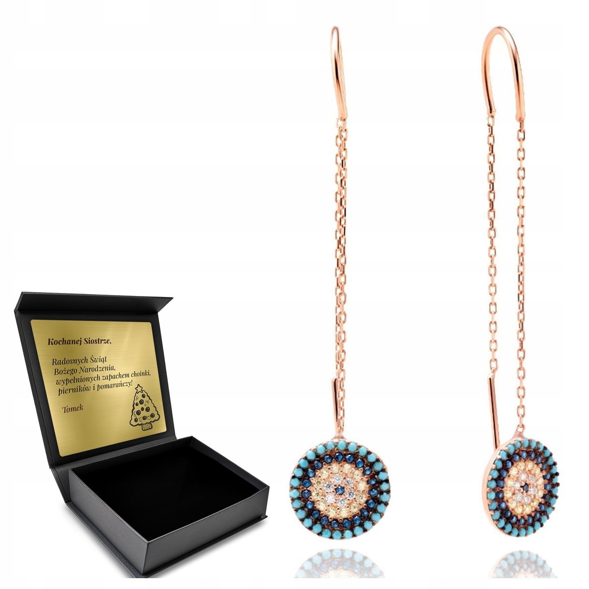 Kolczyki Srebrne Pozłacane Z Okiem Proroka Długie Wiszące + Pudełko Grawer