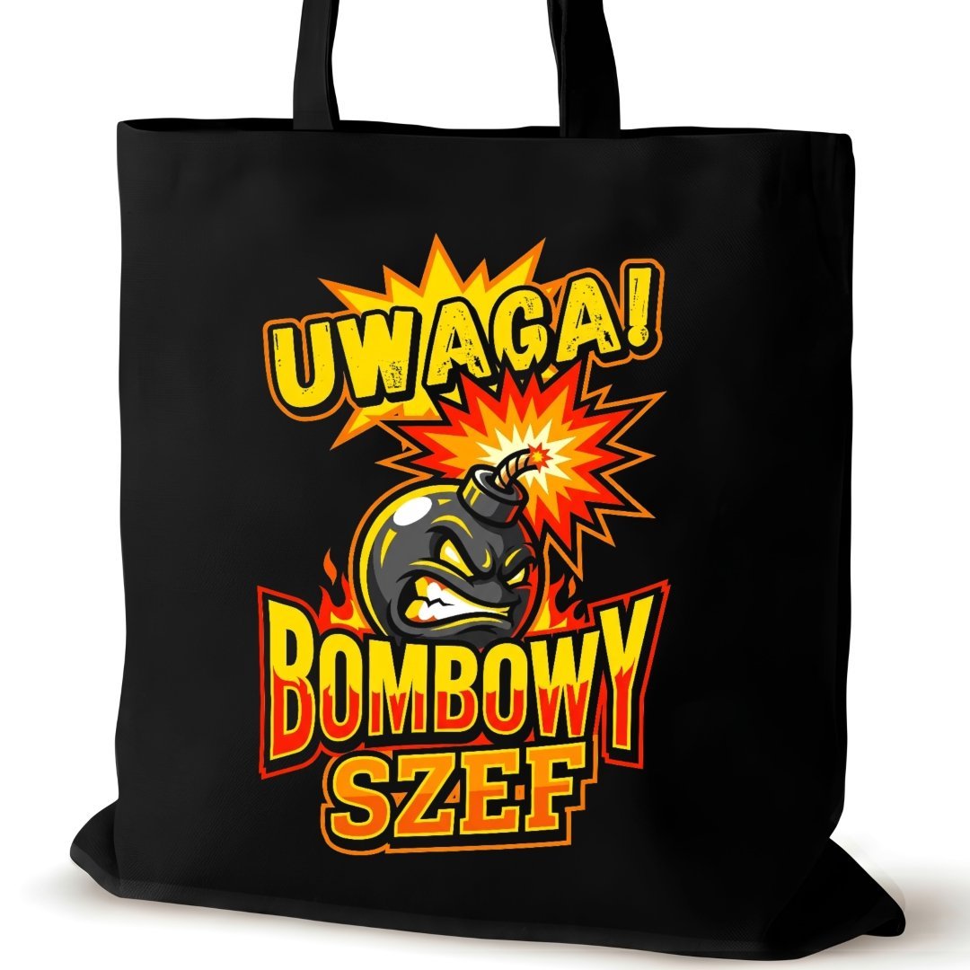 Torba bawełniana czarna dla SZEFA na ramię nadrukiem śmieszna bombowy