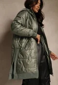 Kurtki damskie - Zielona Przejściowa Kurtka z Kapturem Zdobiona Pikowaniem Fesulia - miniaturka - grafika 1