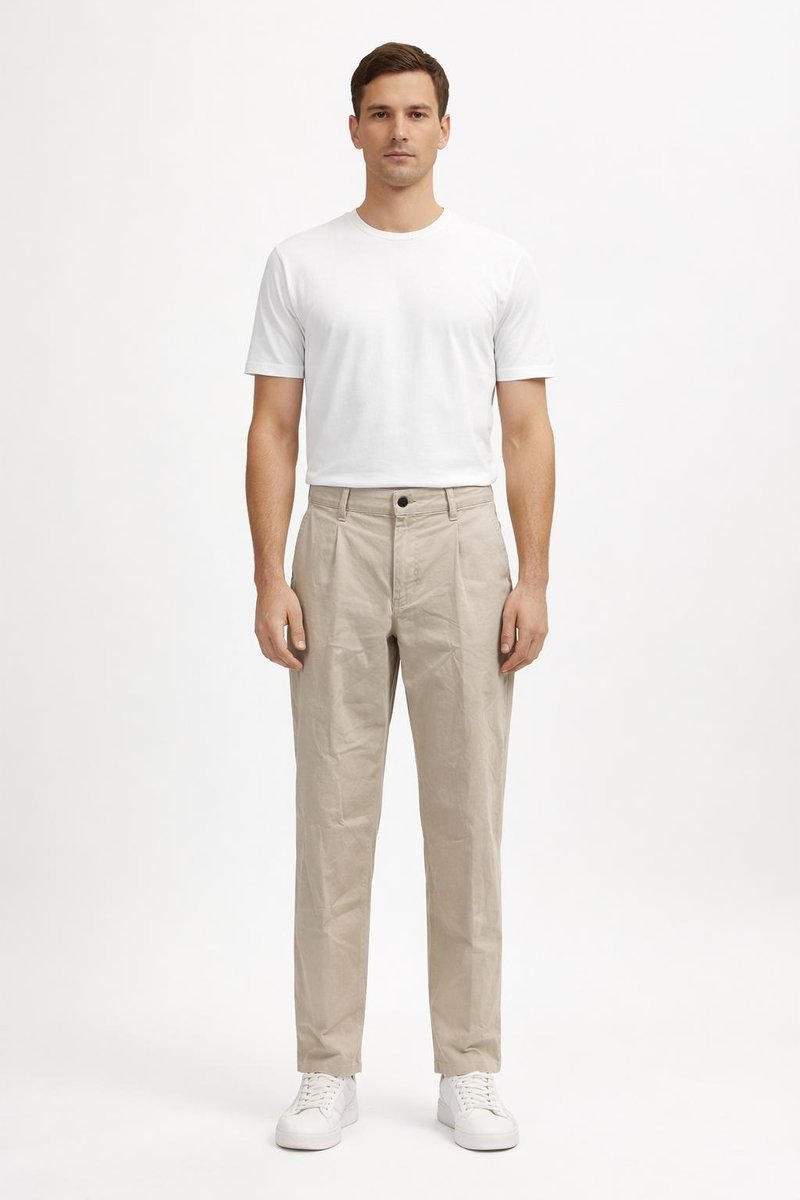 HUGO CASUAL BEŻOWE SPODNIE CHINOS Z MANKIETEM I ZASZEWKAMI 94 16FA