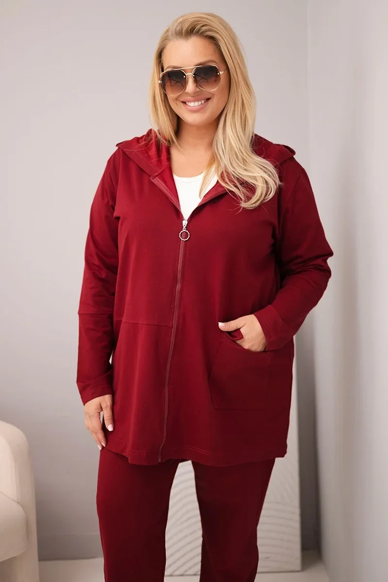 Bordowy komplet damski bawełniany Plus Size z bluzą i spodniami
