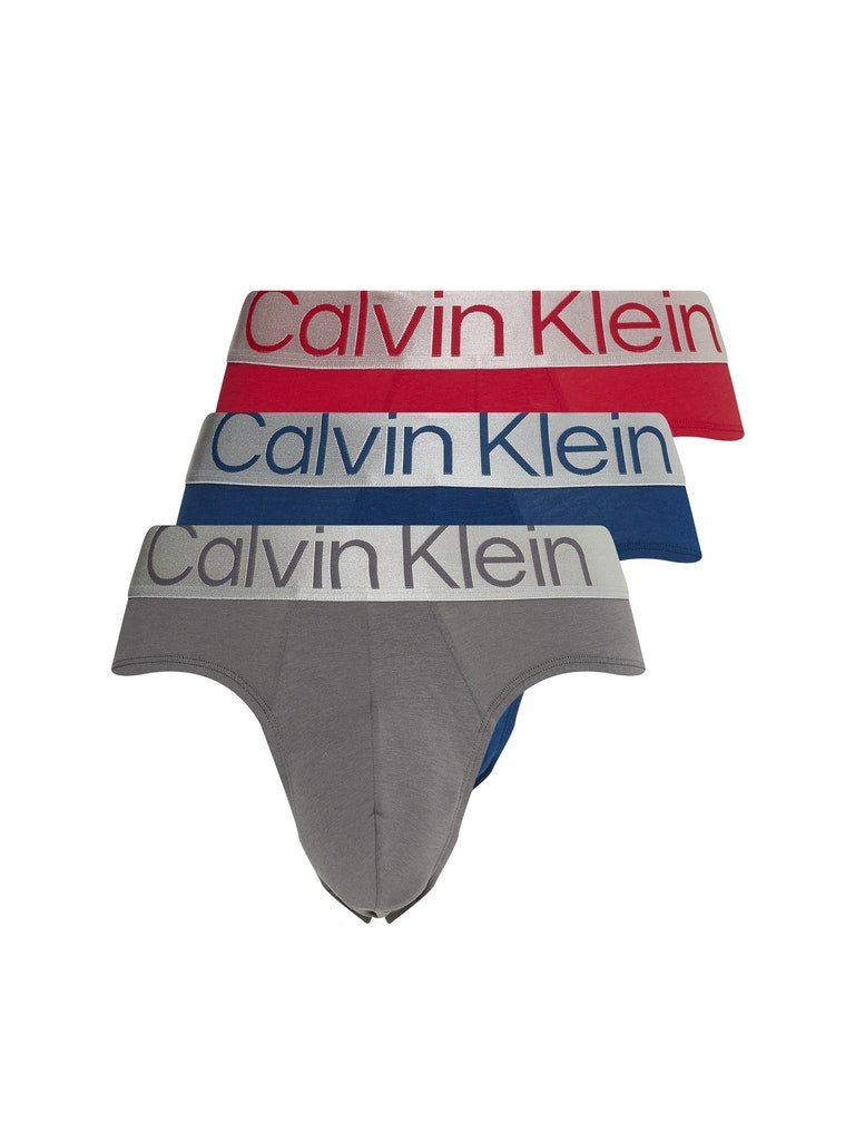 CALVIN KLEIN MAJTKI MĘSKIE HIP BRIEF 3PK RED/DARK BLUE/GRAPHITE 000NB3129A 109 S