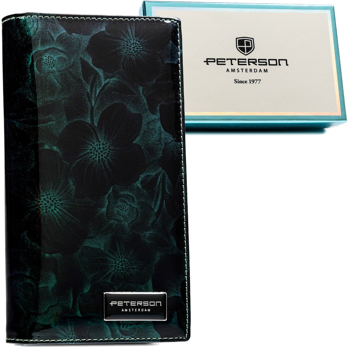 Duży elegancki lakierowany portfel damski ze skóry naturalnej i ekologicznej kwiatowy wzór PETERSON portfel na magnes i suwak rozbudowany na karty p..