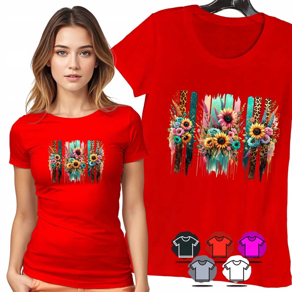 KOSZULKA DAMSKA T-SHIRT - SŁONECZNIKI PANTERKA PASKI DAMSKI WZÓR MODNY - XX