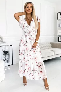 Sukienki - Isabella Plisowana sukienka  midi z dekoltem i falbankami - kwiat brzoskwini na białym tle - grafika 1