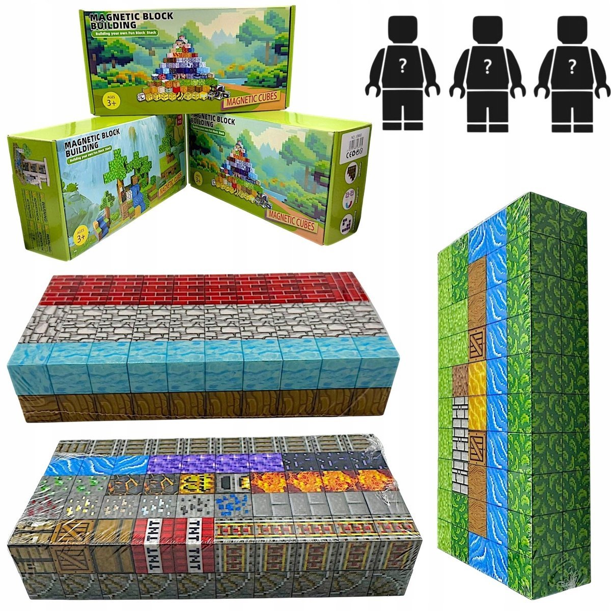 Klocki Magnetyczne 300 Klocków Konstrukcyjne Piksele Sześciany + 3 Ludziki