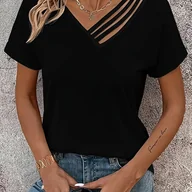 Bluzki damskie - TEMU Damska Koszulka z Asymetrycznym Dekoltem w Serek - Miękka, Oddychająca Bluzka z Krótkim Rękawem i Asymetrycznym Kołnierzem, Jednokolorowa - miniaturka - grafika 1