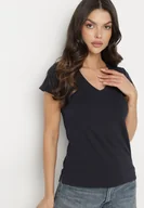 Koszulki i topy damskie - Granatowy T-shirt z Bawełny z Dekoltem w Serek Liniviela - miniaturka - grafika 1