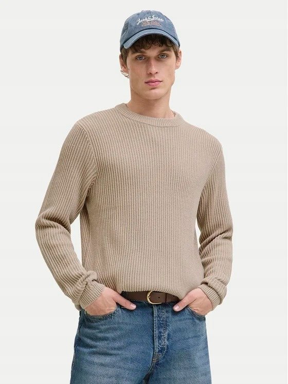 JACK & JONES BEŻOWY MĘSKI SWETER Z OKRĄGŁYM DEKOLTEM W PRĄŻKI M 12FA