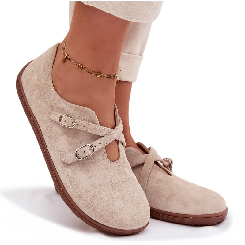 Skórzane Zamszowe Półbuty Barefoot Damskie Z Paskami Zazoo N1271 Jasnobeżowe 41-39