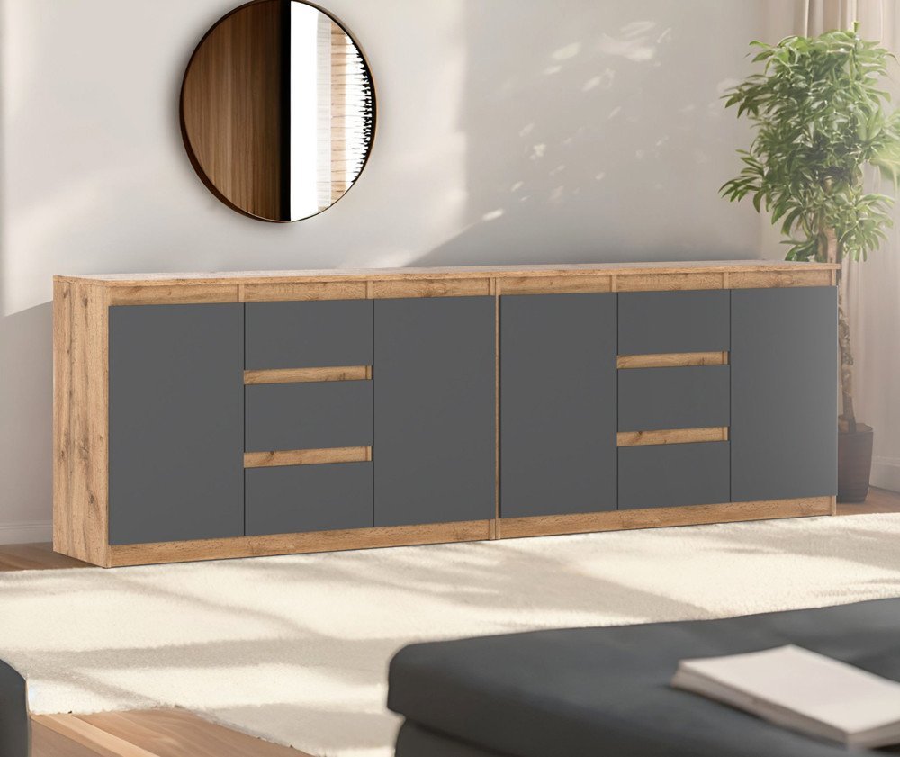 Komoda 240cm Szafka Loft Z 6 Szufladami Nowoczesna Dąb Wotan Szary Mat