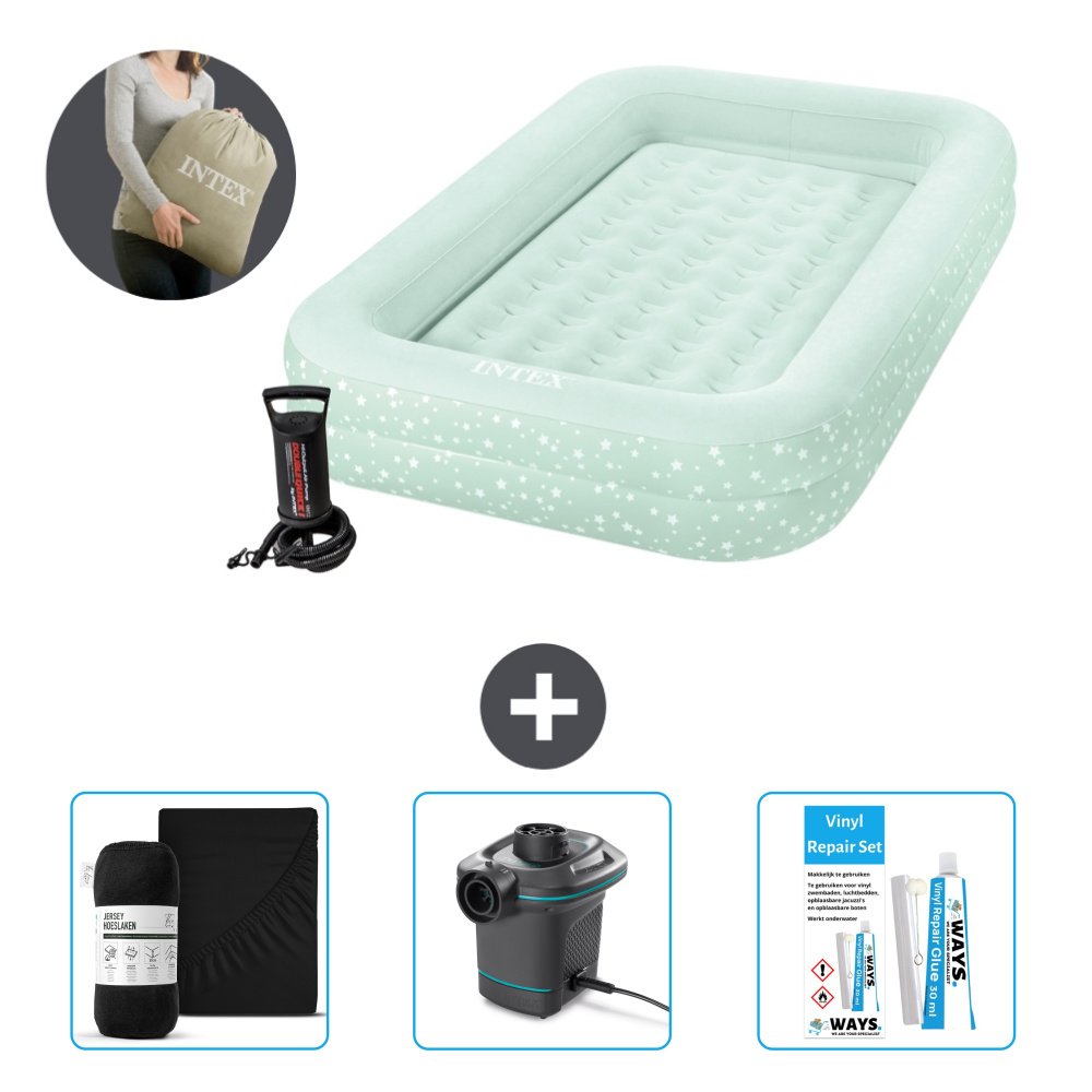 Materac dmuchany Intex Kidz - 1 osoba - 107 x 168 x 25 cm - Miętowa zieleń - W zestawie pompka - prześcieradło - pompka i zestaw naprawczy