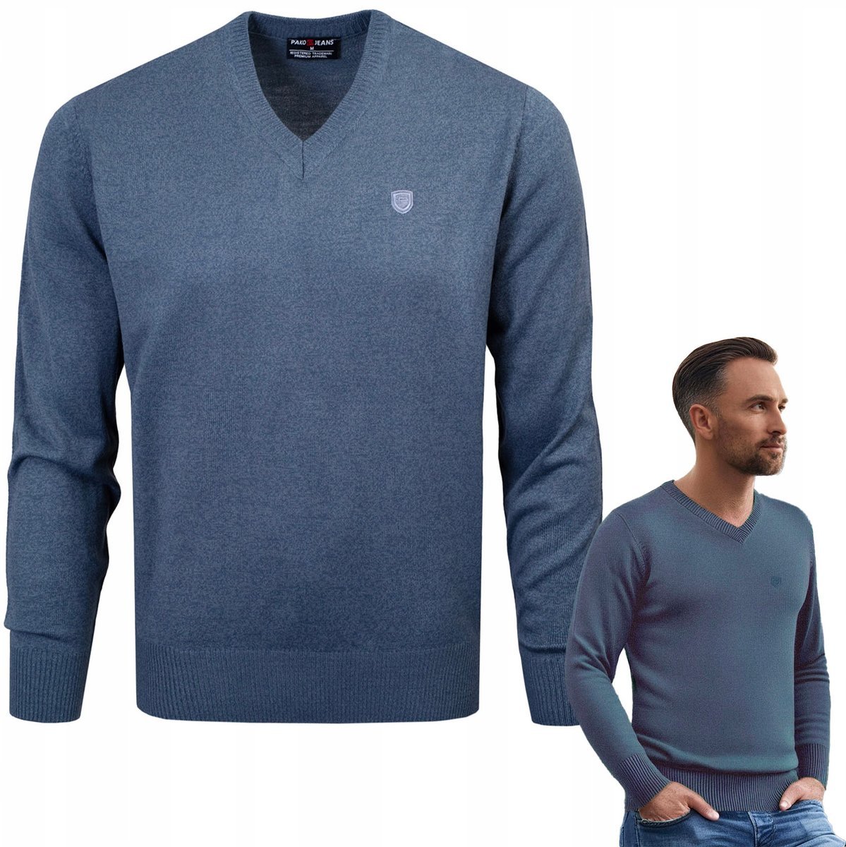 SWETER Męski w Serek Elegancki Gładki NIEBIESKI melanż XXL Pako Jeans