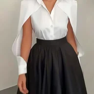 Koszule damskie - TEMU Damska elegancka koszula z długim rękawem i guzikami z kieszenią na klatce piersiowej - jednokolorowa, z podwiniętymi brzegami, styl , - miniaturka - grafika 1