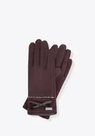 Rękawiczki - Damskie rękawiczki z kokardą i delikatnym przeszyciem brązowe - miniaturka - grafika 1