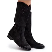 Botki damskie - Vinceza Ażurowe Botki Do Połowy Łydki Czarne Kleorelia - miniaturka - grafika 1