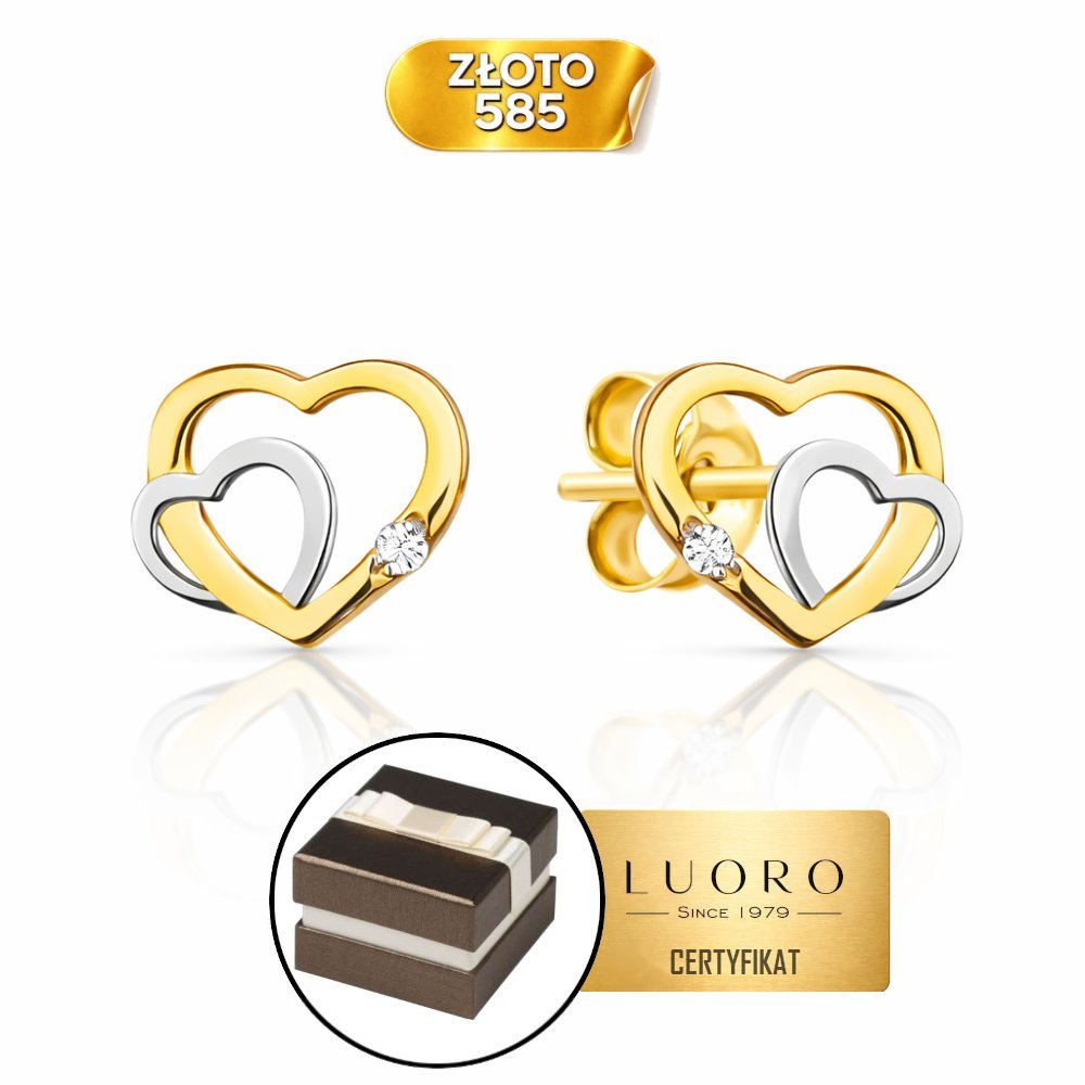 KOLCZYKI ZŁOTE 585 14K SERCA DWUKOLOROWE Z CYRKONIĄ SZTYFT 0,7 CM