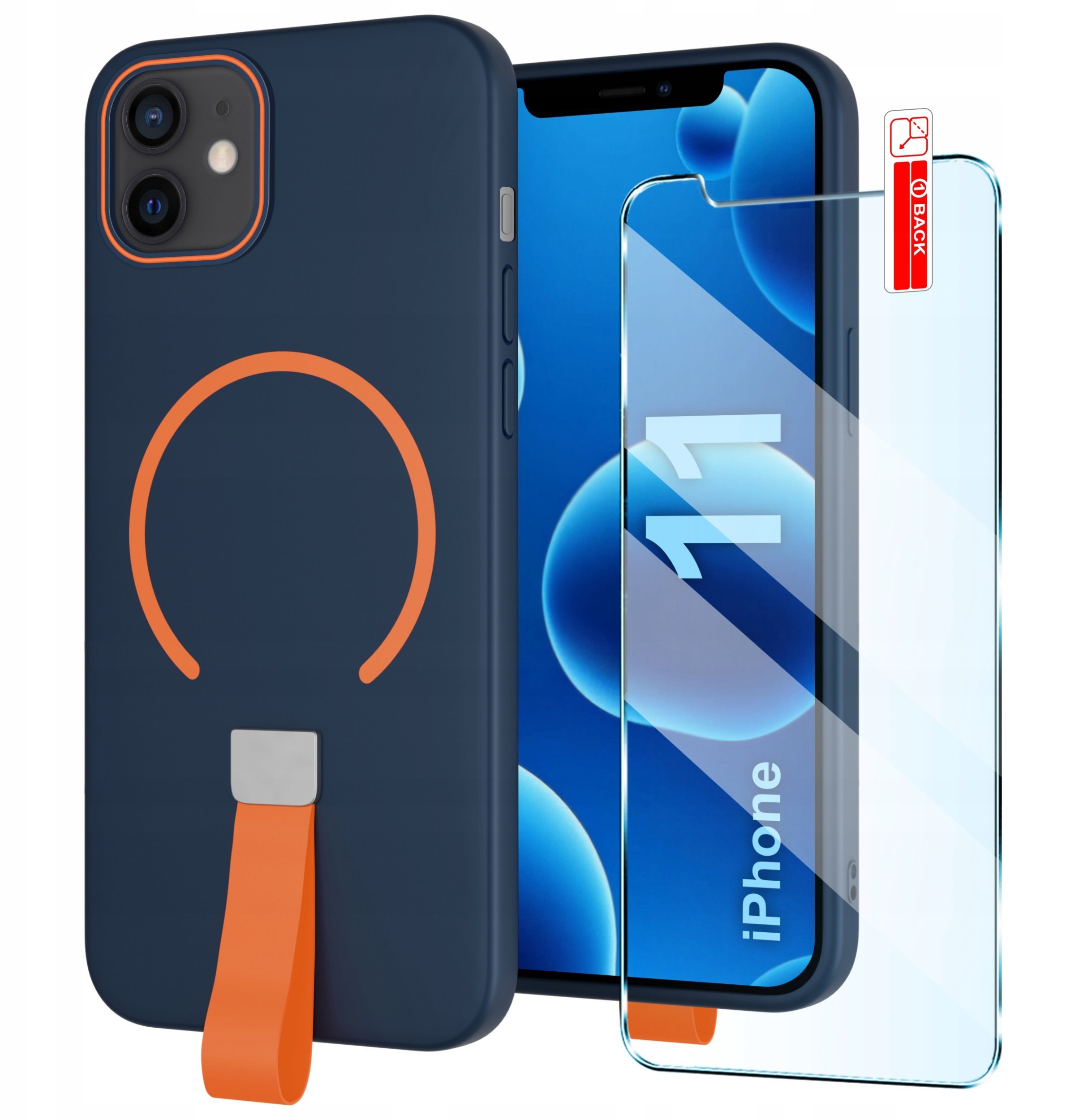 Etui z Paskiem na palec Matowe GRANATOWE do iPhone 11do MagSafe +Szkło