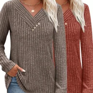 Swetry damskie - TEMU Damski sweter z długim rękawem i dekoltem w serek - miękki, lekki i stylowy dwuczęściowy zestaw z detalami na guziki, jednolity , idealny na - miniaturka - grafika 1