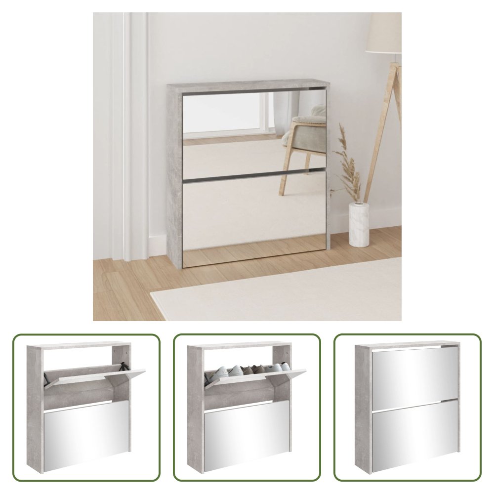 The Living Store Szafka na buty z lustrem 2 przegrody beton szary 63x17x67 cm