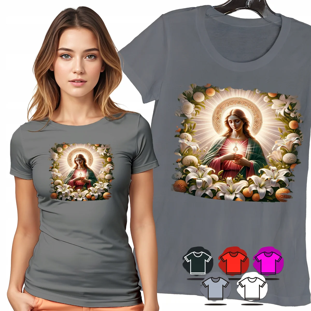 KOSZULKA DAMSKA T-SHIRT - MARYJA SERCE KWIATY WIARA DELIKATNY WZÓR - 3XL