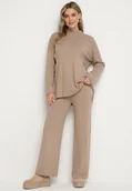Komplety damskie - Beżowy Dzianinowy 2-częściowy Komplet z Wiskozą Sweter z Półgolfem i Szerokie Spodnie Firizia - miniaturka - grafika 1