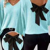 Bluzki damskie - TEMU Elegancka Bluzka Damska z Dekoltem w Serek i Kokardą na Plecach - Turkusowy Niebieski & Czarny Jednolity , Dopasowany Krój, Możliwość Prania W - miniaturka - grafika 1