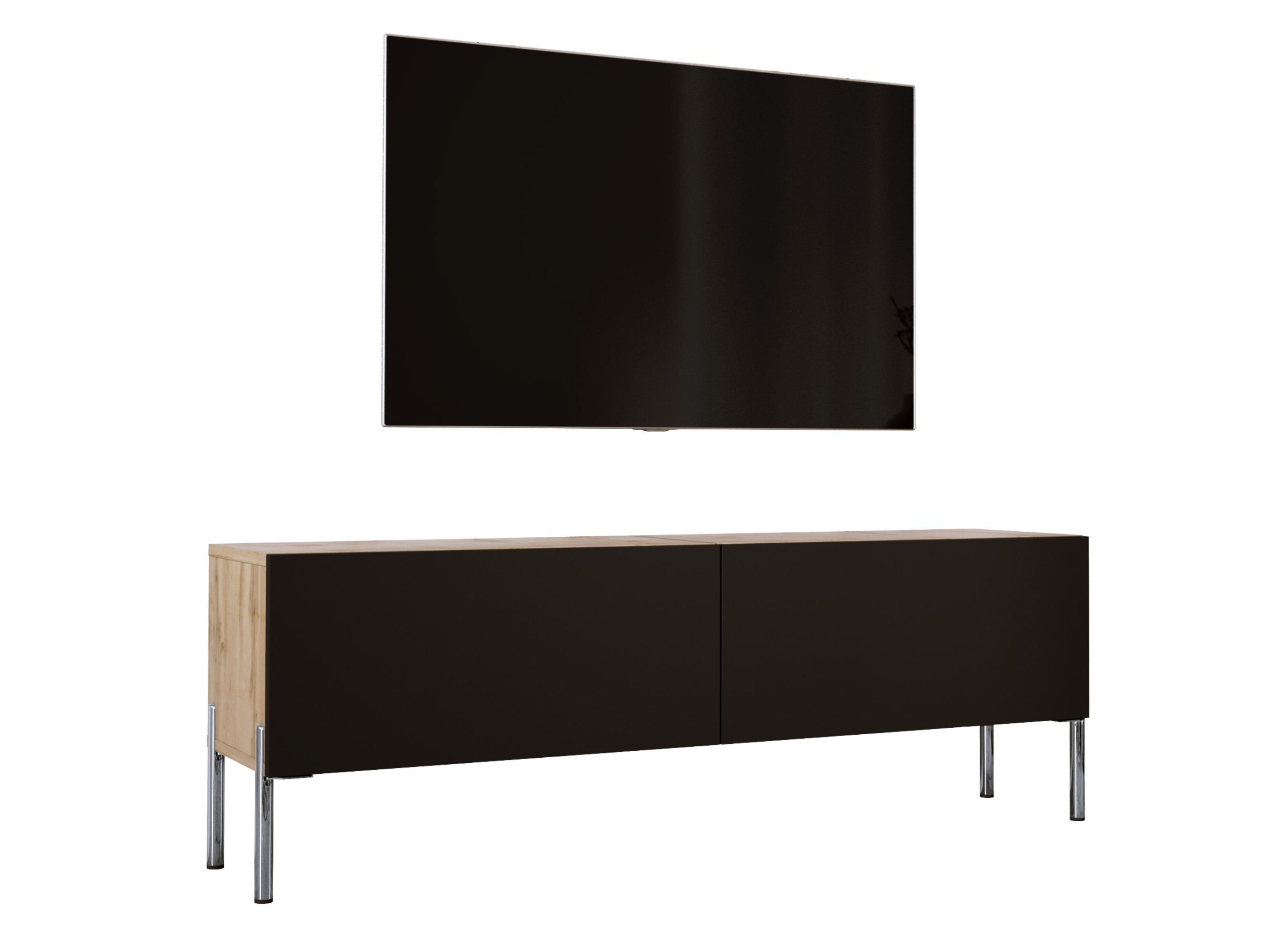 Szafka pod telewizor w kolorze dąb Wotan / czarny matowy z chromowanymi nogami, A: szer: 140 cm cm, wys: 52 cm, gł: 32 cm. Meble pod telewizor, stolik pod telewizor, ława pod telewizor
