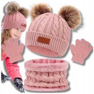 Czapki dla dzieci - Komplet Czapka Dziecięca rękawiczki Zima komin dziecięcy prążek zestaw Pink - miniaturka - grafika 1