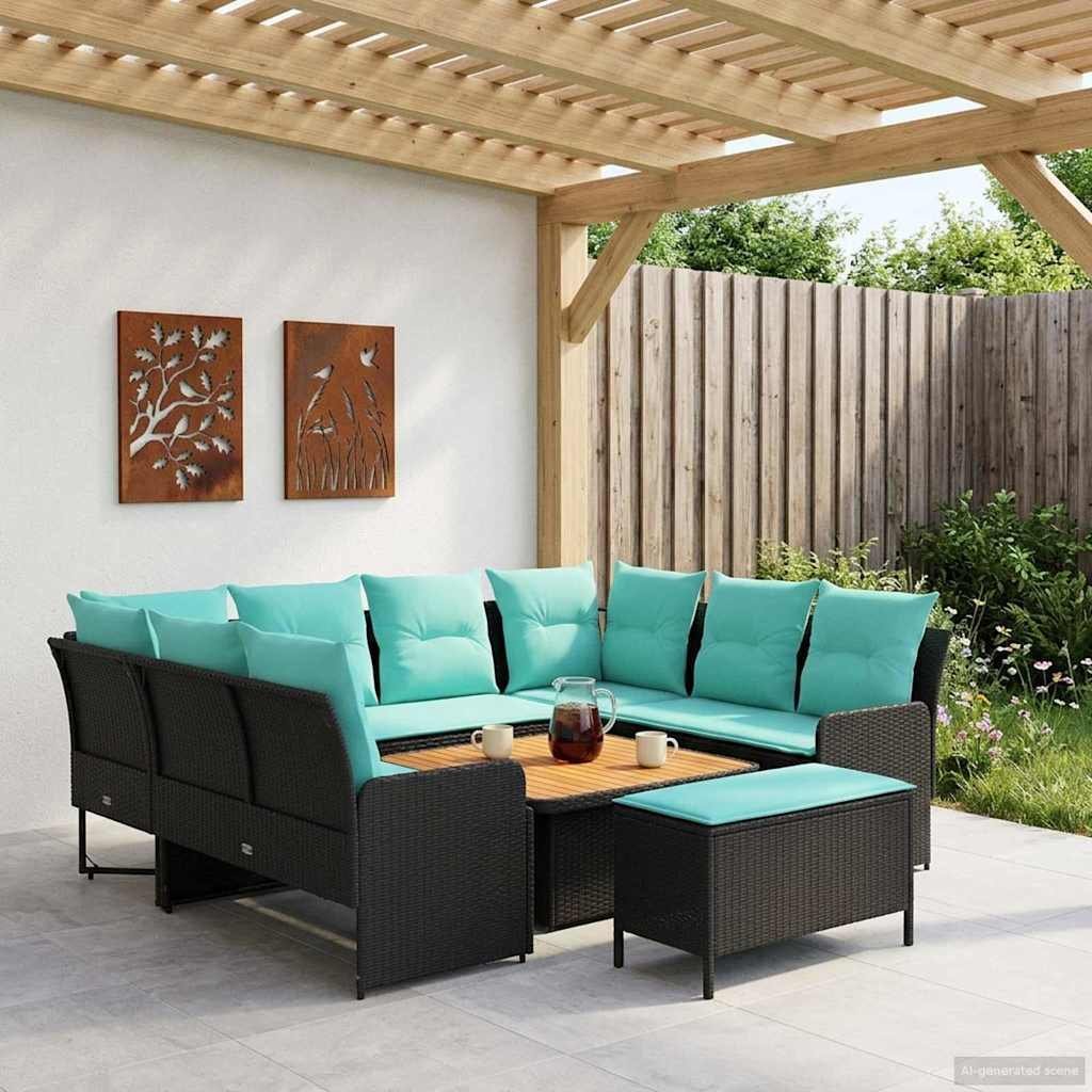 vidaXL Zestawy mebli z poduszką 7 pcs Czarny i Turkusowy Rattan PE