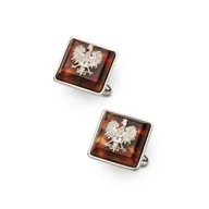 Spinki do mankietów i krawatów - Srebrne Spinki Do Mankietów Z Bursztynem I Orzełkiem - miniaturka - grafika 1