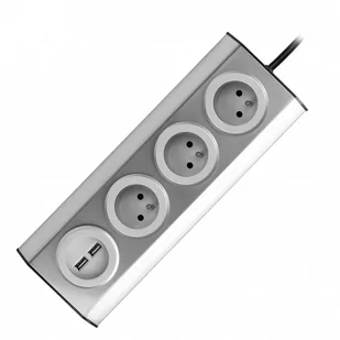 Orno Gniazdo meblowe kuchenne z ładowarką USB montowane na rzepy z przewodem 1,5m 3x2P+Z 2xUSB INOX z przewodem 1,5m FS-4 - Gniazdka elektryczne - miniaturka - grafika 1