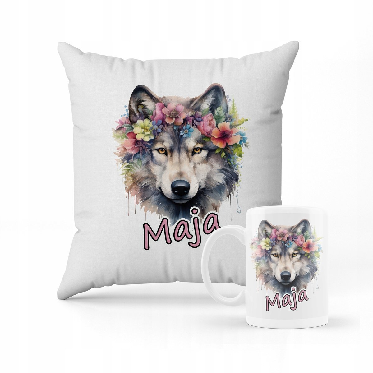 ZESTAW PODUSZKA + KUBEK Prezent Wilk Boho kwiaty las wolf + IMIĘ