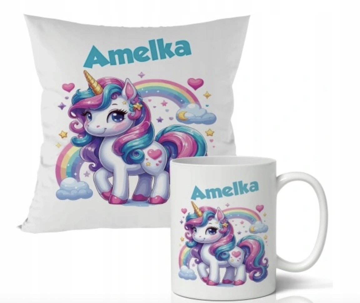 ZESTAW PODUSZKA + KUBEK Prezent JEDNOROŻEC TĘCZA UNICORN + IMIĘ 8