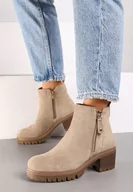 Botki damskie - Beżowe Botki Sztyblety na Obcasie Ozdobione Suwakiem Terisettis - miniaturka - grafika 1