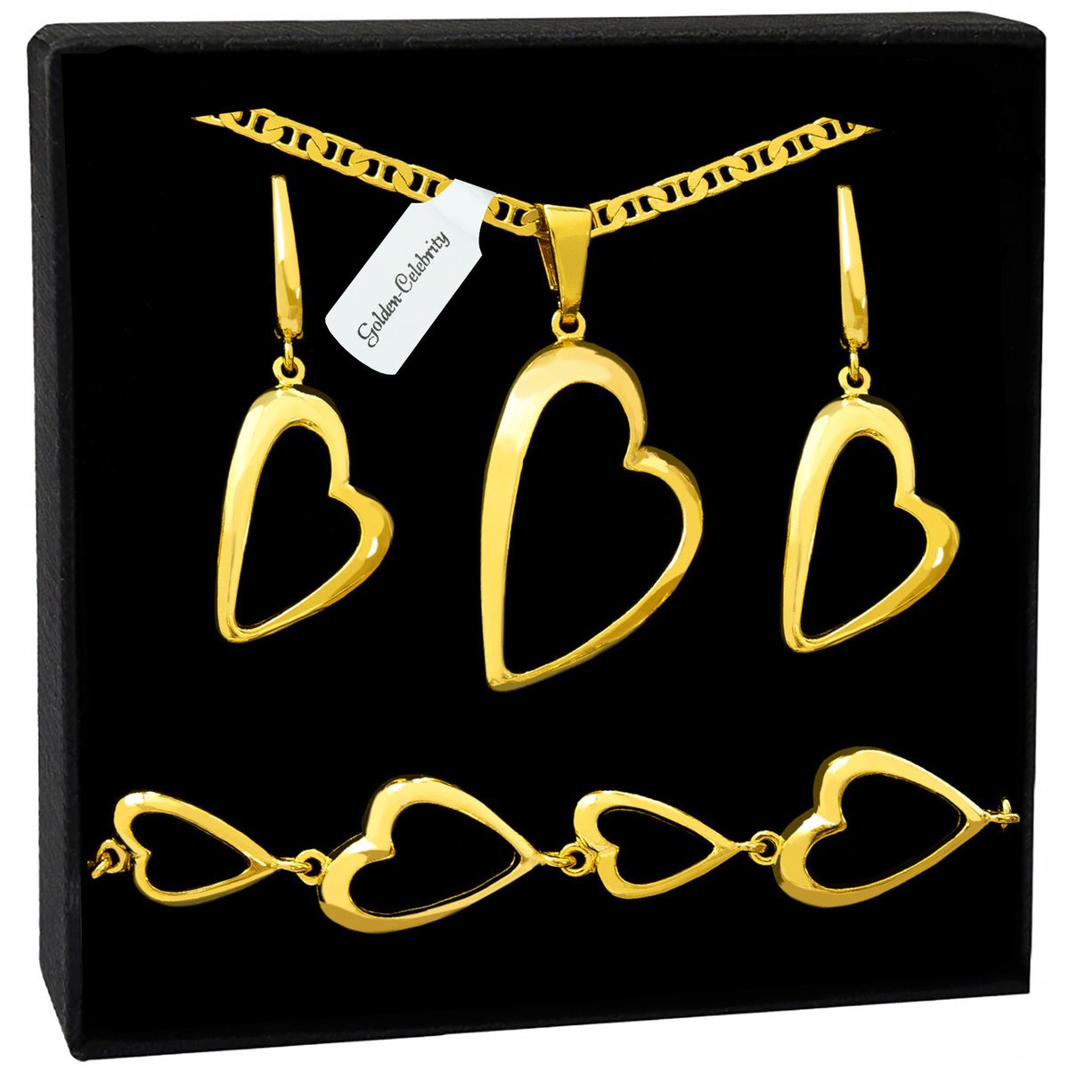 KOMPLET BIŻUTERII ŁAŃCUSZEK ZAWIESZKA SERCE SREBRO POZŁACANE KOLCZYKI 50 CM