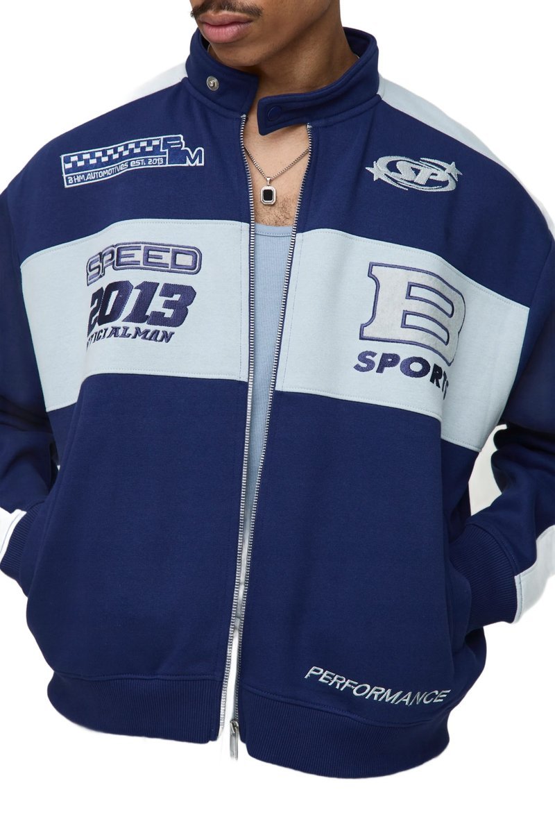 BOOHOOMAN MĘSKA KURTKA BOMBER NIEBIESKA Z NADRUKIEM SPORTOWYM M Z3A*