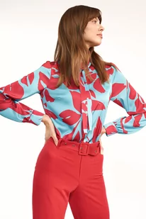 Bluzka z fontaziem w kwiaty - B136 (kolor turkus/kwiaty, rozmiar 40) - Bluzki damskie - miniaturka - grafika 4