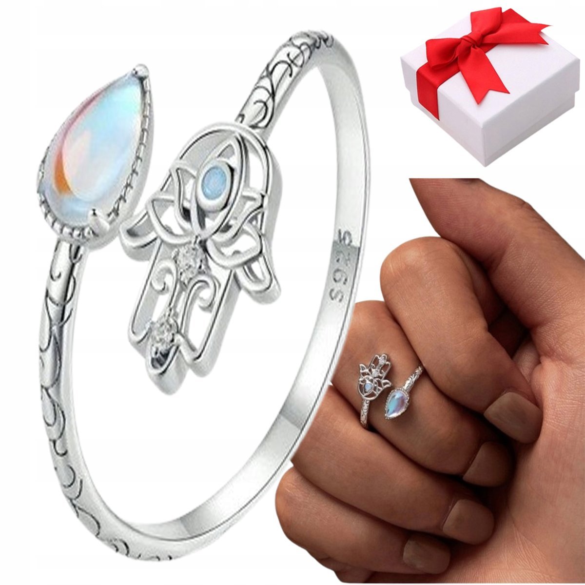 Pierścionek DŁOŃ FATIMY regulowany s925 SREBRO pudełko