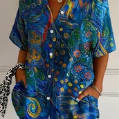 Inne - TEMU Koszula damskiej plus size z krótkim rękawem i kwiatowym nadrukiem, z klapami i guzikami - wyrazisty 3D design malarski, tkanina nieelastyczna, - miniaturka - grafika 1