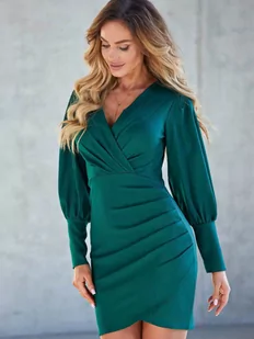 Sukienka elegancka zielona z marszczeniami na długi rękaw z dekoltem kopertowym polska produkcja One - PERFE - Sukienki - miniaturka - grafika 1