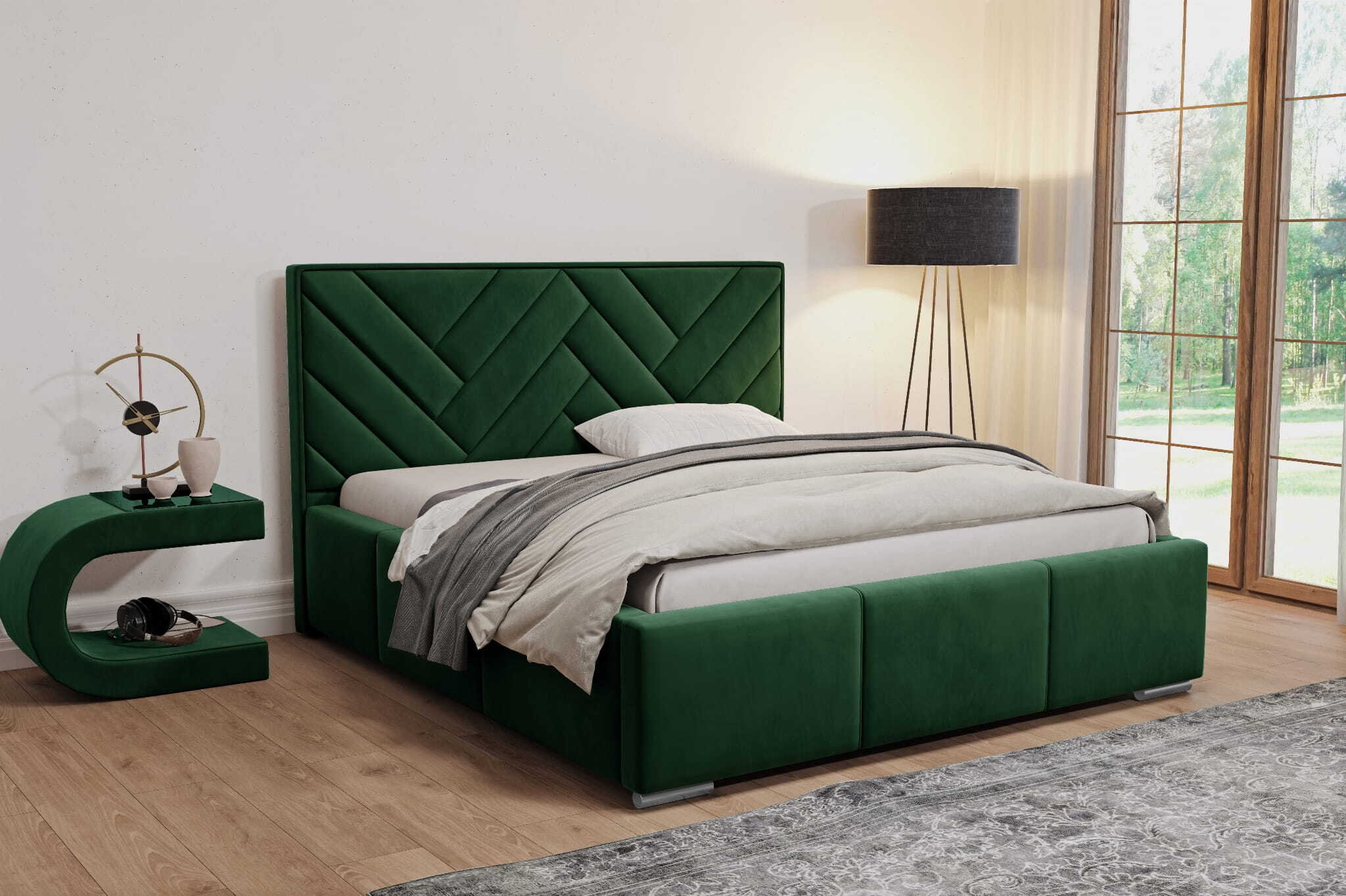 Łóżko tapicerowane AGMAT VENUS z zagłówkiem, 200 x 200 cm, łóżko podwójne z podstawą łóżka i metalową ramą z listew, tkanina welurowa: zielona