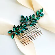 Ozdoby do włosów - SREBRNY grzebyk z zielonymi cyrkoniami efektowny błyszczący wizytowa ozdoba - miniaturka - grafika 1