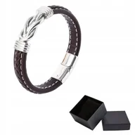 Bransolety męskie - Bransoletka Męska Ciemny Brąz Skórzana Zapleciona Stal Chirurgiczna Prezent - miniaturka - grafika 1
