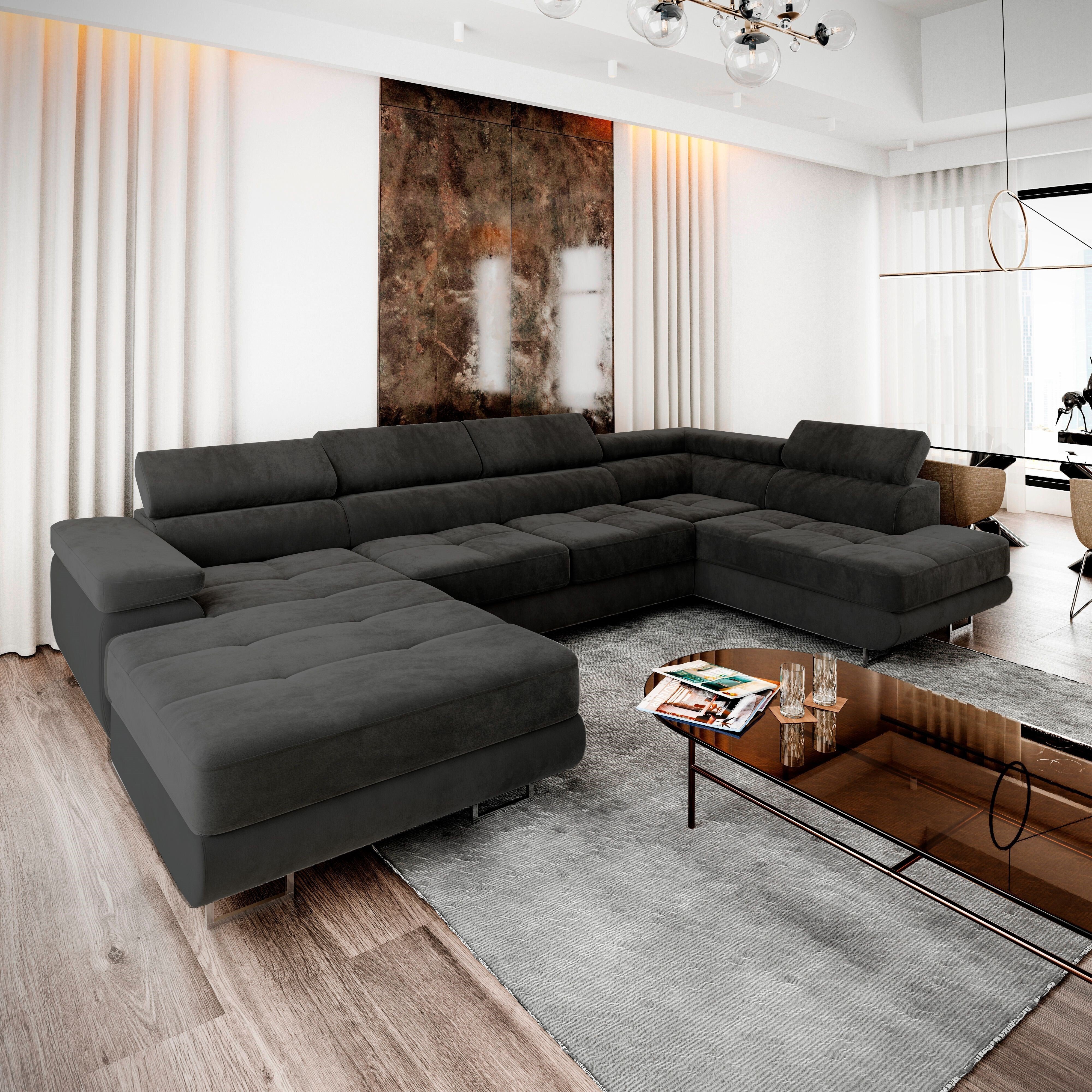 Masseno Narożnik CASONE R-S z funkcją spania i pojemnikiem na pościel Kształt U, Rozkładana sofa, Rogówka - Czarny, MONOLITH 95