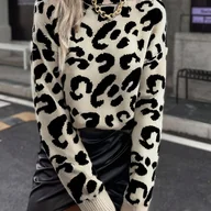 Swetry damskie - TEMU Elegancki Sweter Damski w Czarno-Biały Wzór Lamparczy - Z Golfem i Opadającym Ramieniem, Długim Rękawem na Jesień i Zimę, Przytulny Pulower z - miniaturka - grafika 1