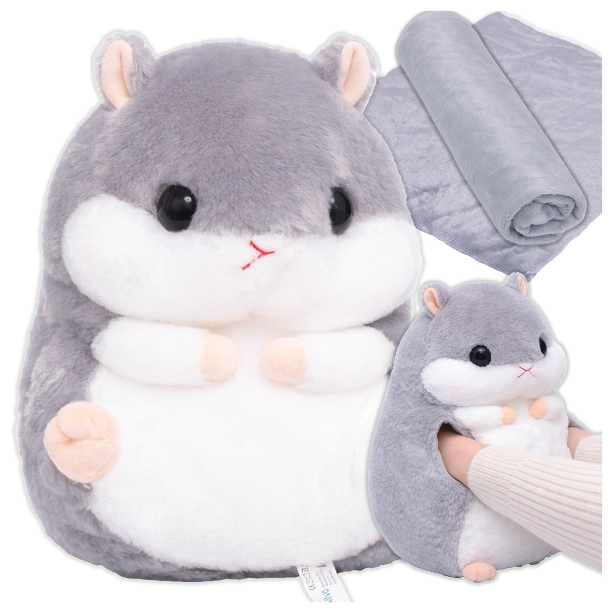 CHOMIK z kocykiem KOC SZARY 4w1 DUŻY KOCYK 100x170cm PLUSZAK MASKOTKA mufka