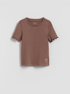 Reserved - Prążkowany t-shirt z haftem - beżowy - Koszulki dla dziewczynek - miniaturka - grafika 1
