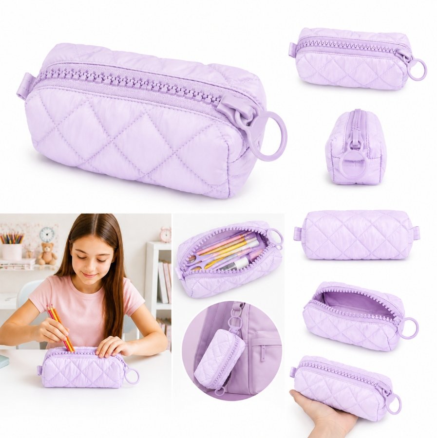 Piórnik Puffy Pikowany Fioletowy Matowy Pojemny Szkolny Młodzieżowy Etui