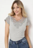 Koszulki i topy damskie - Szary T-shirt z Bawełny z Koronką przy Dekolcie i Rękawach Alilama - miniaturka - grafika 1